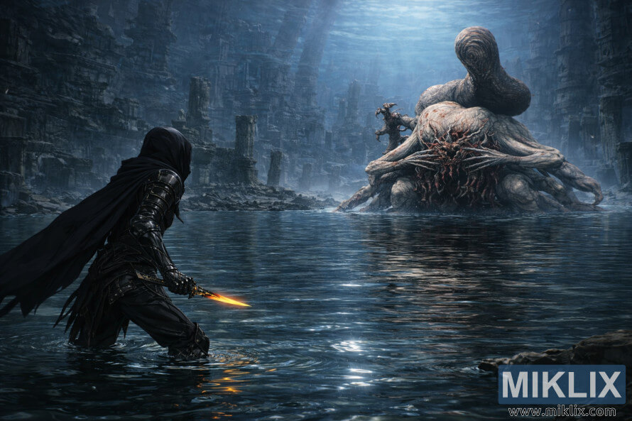 Anime-style fan art showing the Tarnished from behind in shallow water facing the massive Metyr, Mother of Fingers, within the wide, flooded Finger Ruins of Miyr.