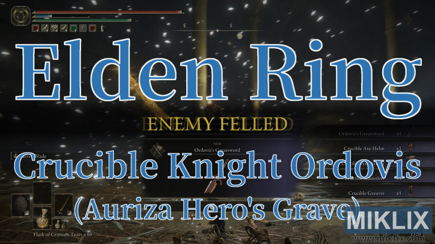 Elden Ring screenshot showing 'ENEMY FELLED' after defeating Crucible Knight Ordovis in Auriza Hero's Grave. Elden Ring screenshot showing 'ENEMY FELLED' after defeating Crucible Knight Ordovis in Auriza Hero's Grave.