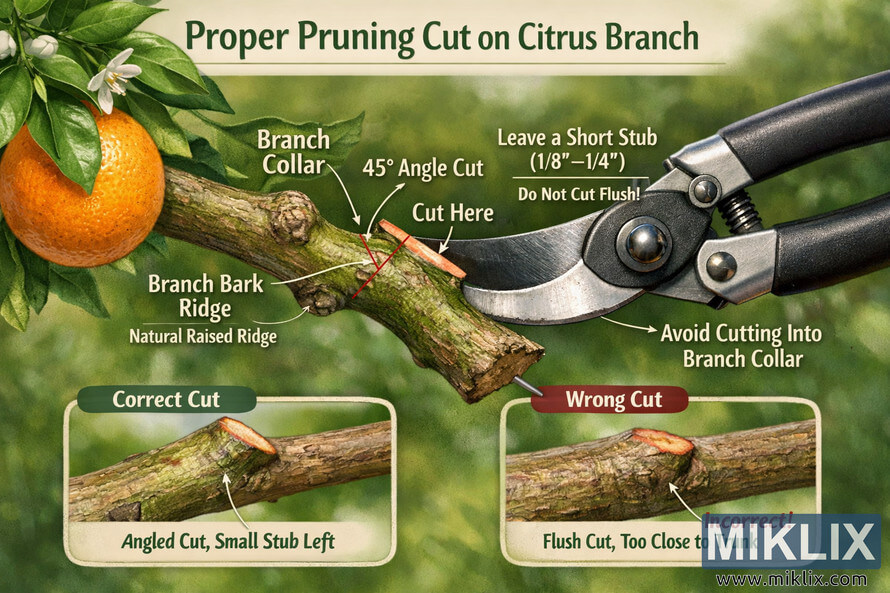 Instructional diagram showing where and how to make a 45-degree pruning cut on a citrus tree branch, highlighting the branch collar, bark ridge, and examples of correct and incorrect cuts.