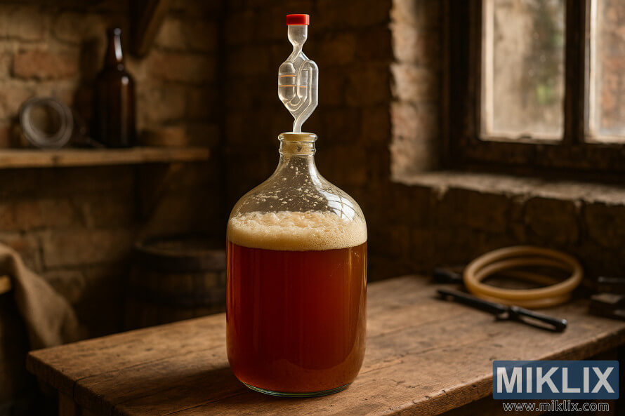 Stakleni karboj fermentacije britanskog piva na drvenom stolu u rustiÄnoj sobi za kuÄno pivo.