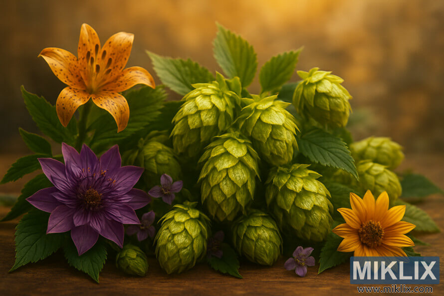 ÐÐ°ÑÑÑÐ¼Ð¾ÑÑ ÑÐ¾ ÑÐ²ÐµÐ¶Ð¸Ð¼Ð¸ Ð·ÐµÐ»ÐµÐ½ÑÐ¼Ð¸ ÑÐ¸ÑÐºÐ°Ð¼Ð¸ ÑÐ¼ÐµÐ»Ñ, Ð¾ÐºÑÑÐ¶ÐµÐ½Ð½ÑÐ¼Ð¸ ÑÑÐºÐ¸Ð¼Ð¸ ÑÐ²ÐµÑÐ°Ð¼Ð¸ ÑÐ¸Ð¾Ð»ÐµÑÐ¾Ð²Ð¾Ð³Ð¾, Ð¾ÑÐ°Ð½Ð¶ÐµÐ²Ð¾Ð³Ð¾ Ð¸ Ð¶ÐµÐ»ÑÐ¾Ð³Ð¾ ÑÐ²ÐµÑÐ¾Ð², ÑÐ°ÑÐ¿Ð¾Ð»Ð¾Ð¶ÐµÐ½Ð½ÑÐ¼Ð¸ Ð½Ð° Ð´ÐµÑÐµÐ²ÑÐ½Ð½Ð¾Ð¹ Ð¿Ð¾Ð²ÐµÑÑÐ½Ð¾ÑÑÐ¸ Ð½Ð° Ð·Ð¾Ð»Ð¾ÑÐ¸ÑÑÐ¾-ÑÐ²ÐµÑÑÑÐµÐ¼ÑÑ ÑÐ¾Ð½Ðµ.