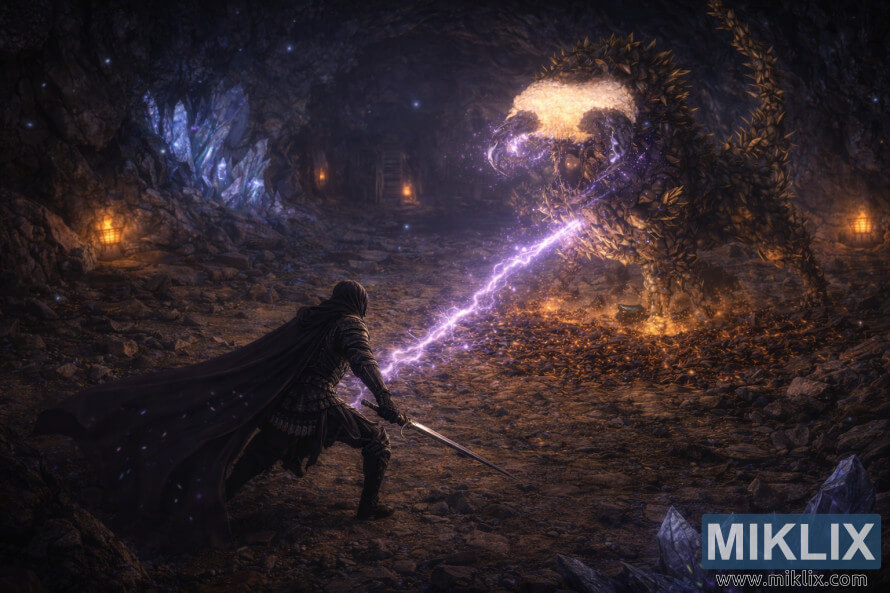 Isometric dark-fantasy artwork of the Tarnished in Black Knife armor wielding a sword against the Fallingstar Beast in Sellia Crystal Tunnel.