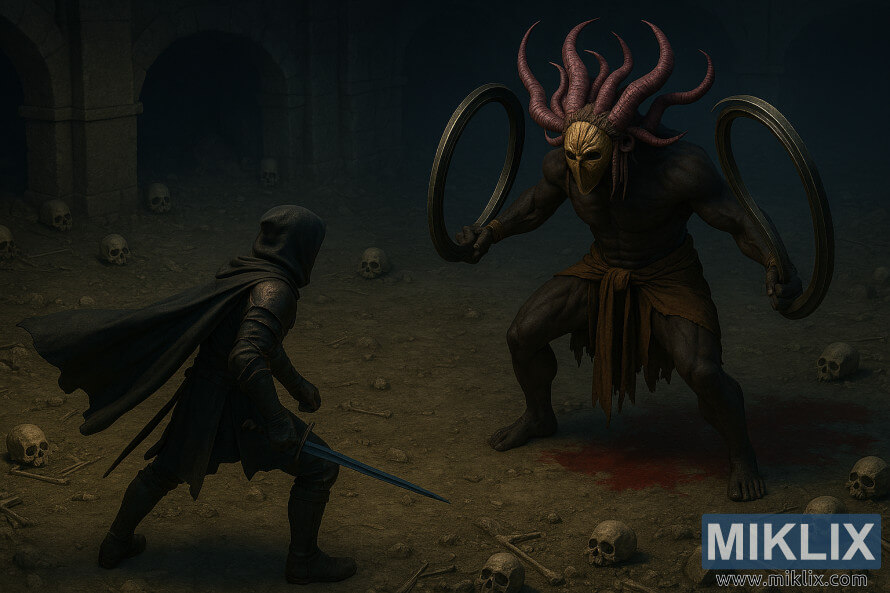 3D-rendered fan art of Tarnished facing Curseblade Labirith in Bonny Gaol