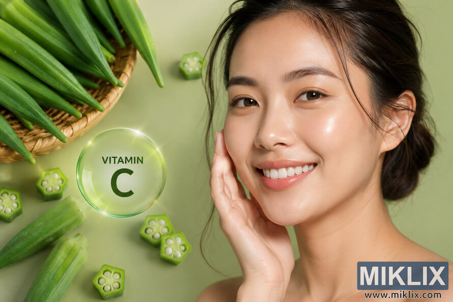 Landscape image of a smiling young woman with naturally glowing skin beside fresh okra and sliced okra pieces, accompanied by a subtle vitamin C graphic on a soft green background, illustrating the concept of healthy skin supported by nutrient-rich vegetables. Landscape image of a smiling young woman with naturally glowing skin beside fresh okra and sliced okra pieces, accompanied by a subtle vitamin C graphic on a soft green background, illustrating the concept of healthy skin supported by nutrient-rich vegetables.