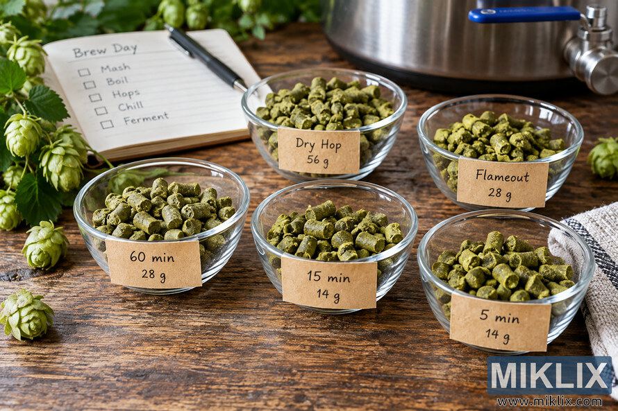 Five glass bowls of green hop pellets pre-portioned and labeled for 60-minute, 15-minute, 5-minute, flameout, and dry-hop additions on a rustic wooden brew-day worktable, with fresh hop cones, a brewing checklist, stainless-steel kettle, and striped towel in the background. Five glass bowls of green hop pellets pre-portioned and labeled for 60-minute, 15-minute, 5-minute, flameout, and dry-hop additions on a rustic wooden brew-day worktable, with fresh hop cones, a brewing checklist, stainless-steel kettle, and striped towel in the background.