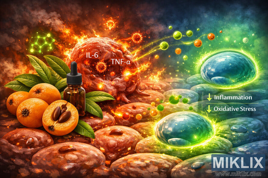 Scientific illustration showing loquat compounds reducing cellular inflammation, with inflamed red cells transitioning to healthy blue cells under green molecular effects. Scientific illustration showing loquat compounds reducing cellular inflammation, with inflamed red cells transitioning to healthy blue cells under green molecular effects.