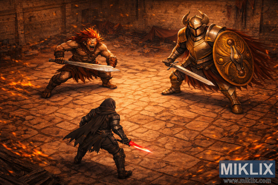 Anime-style isometric scene with the Tarnished in Black Knife armor at the bottom left, seen from behind, facing the Misbegotten Warrior and a Crucible Knight with sword and shield in Redmane Castle.