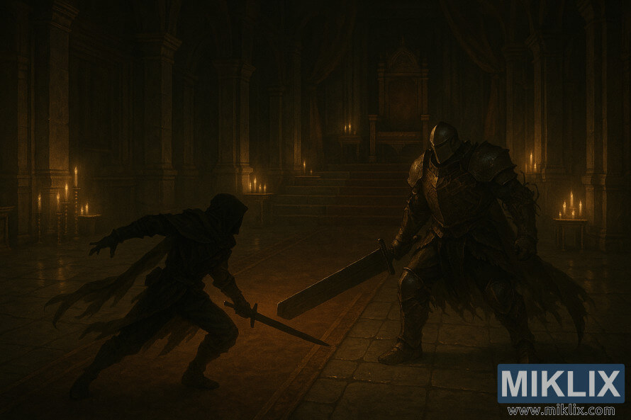 RealistickÃ¡ temnÃ¡ fantasy scÃ©na PoÅ¡krÃ¡banÃ©ho v brnÄnÃ­ ÄernÃ©ho noÅ¾e ÄelÃ­cÃ­ho Elemerovi z VÅesoviÅ¡tÄ s Å¡irokÃ½m meÄem v trÅ¯nnÃ­m sÃ¡le osvÄtlenÃ©m svÃ­Äkami.