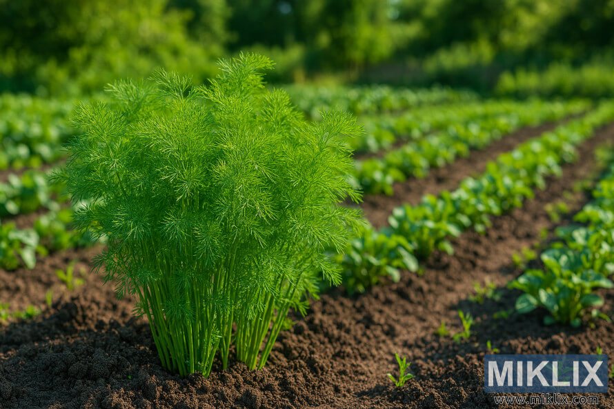 Lâaneth de la variÃ©tÃ© Dukat poussant en rangÃ©es bien rangÃ©es dans un potager baignÃ© de soleil
