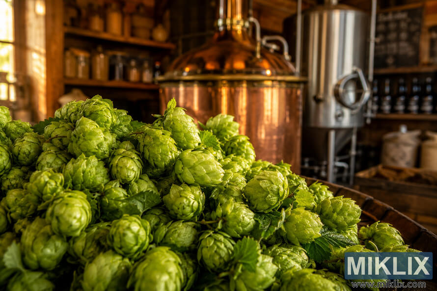 Close-up of freshly picked Herald hops covered in morning dew, with softly blurred copper brewing equipment and a rustic brewery interior illuminated by warm golden-hour light. Close-up of freshly picked Herald hops covered in morning dew, with softly blurred copper brewing equipment and a rustic brewery interior illuminated by warm golden-hour light.