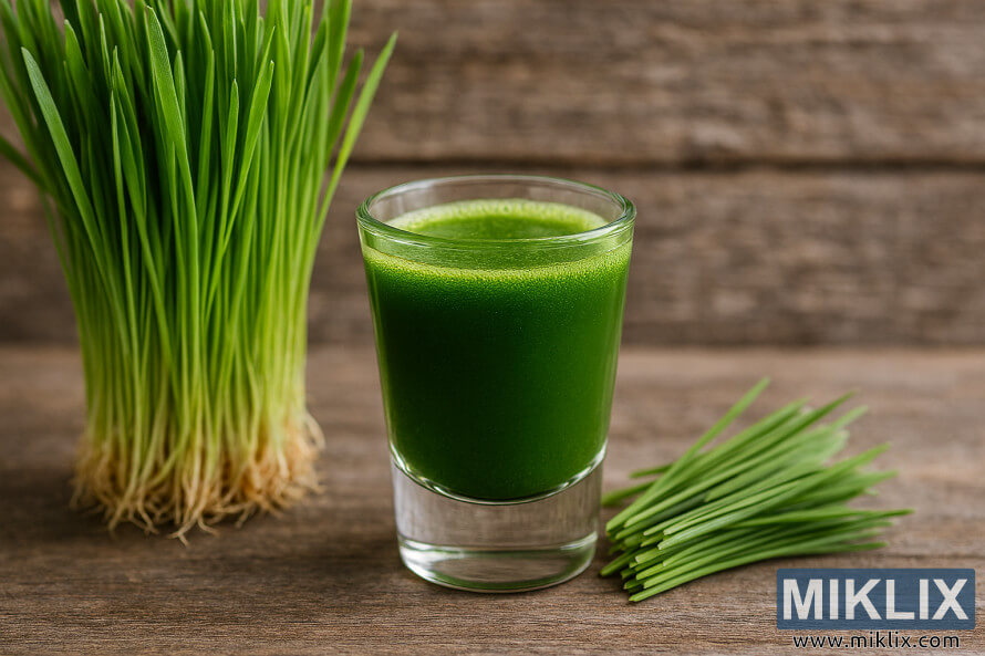Shot glass filled with vibrant green wheatgrass juice beside fresh wheatgrass blades on rustic wood