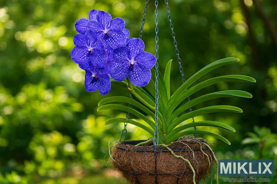 OrchidÃ©e Vanda bleue vibrante fleurissant dans un panier suspendu dans un jardin baignÃ© de soleil