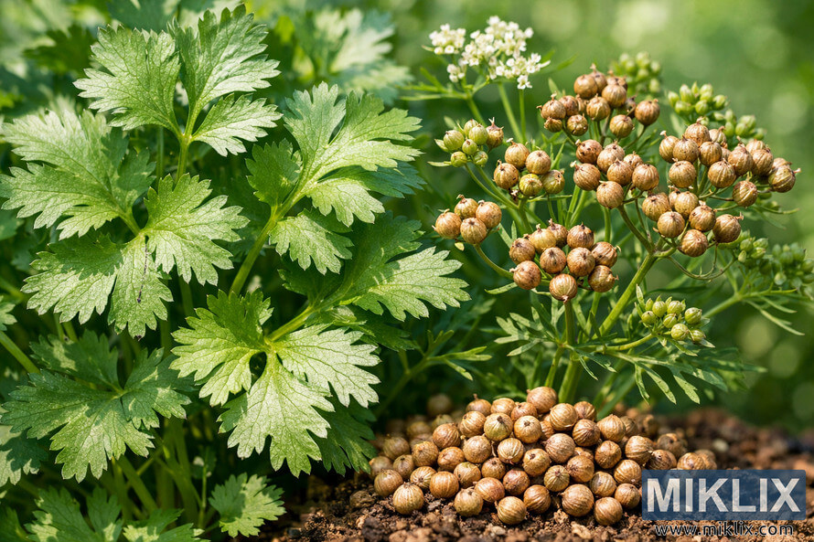 Close-up of a cilantro (Coriandrum sativum) plant showing green leaves and clusters of coriander seeds on stems, with a blurred natural background. Close-up of a cilantro (Coriandrum sativum) plant showing green leaves and clusters of coriander seeds on stems, with a blurred natural background.
