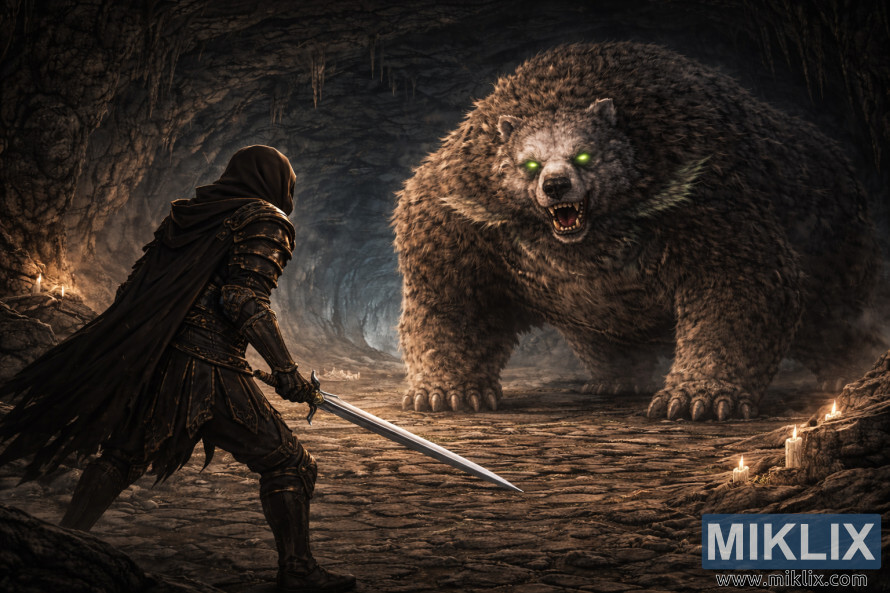 Adegan fantasi gelap semi-realistis yang menampilkan seorang prajurit berjubah dan berbaju zirah memegang pedang sambil menghadapi beruang raksasa bermata bercahaya di dalam gua bawah tanah yang remang-remang.
