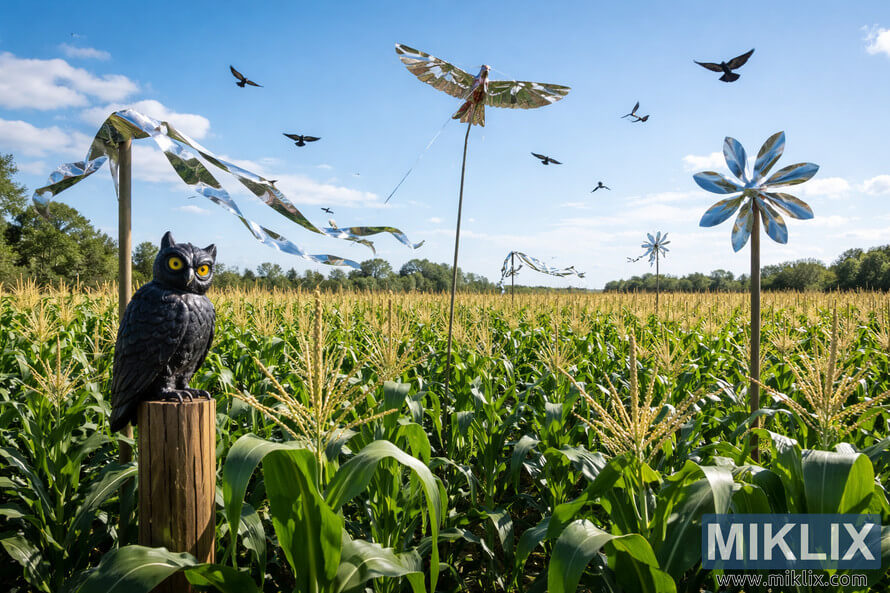 Owl decoy, reflective ribbons, pinwheels, and a hawk kite used as bird deterrents in a green cornfield under a blue sky.