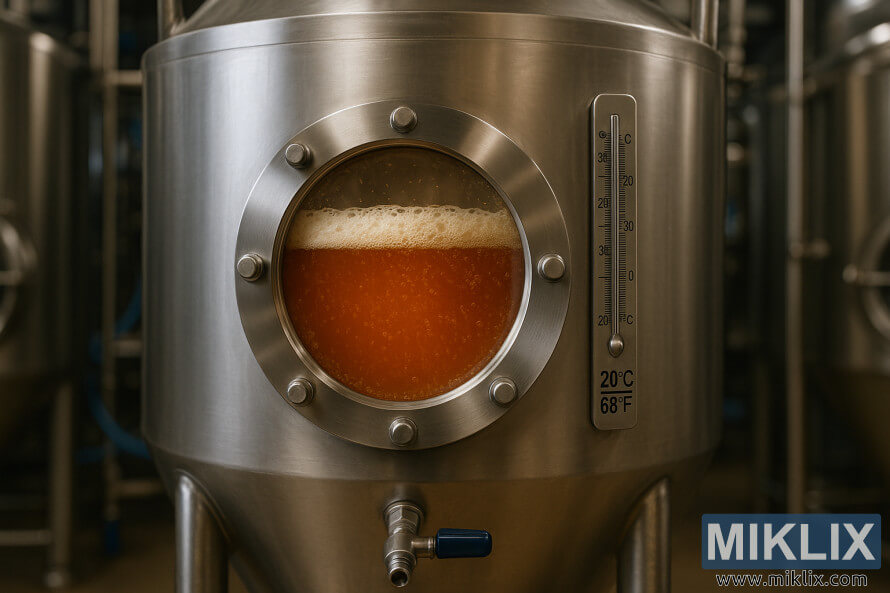 En jÃ¤skÃ¤rl i rostfritt stÃ¥l fÃ¶r bryggeri med ett glasfÃ¶nster som visar bÃ¤rnstensfÃ¤rgad Ã¶l som jÃ¤ser inuti, skum ovanpÃ¥ och en termometer som visar 20 Â°C (68 Â°F).