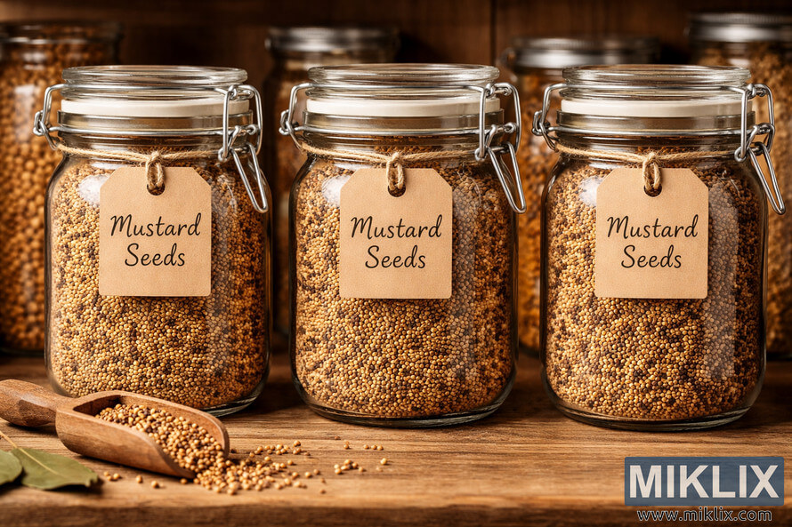 Three labeled glass jars filled with dried mustard seeds on a wooden pantry shelf, with a small wooden scoop in the foreground.