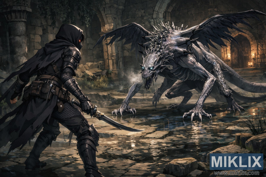 Umjetnost obožavatelja u anime stilu prikazuje tamno oklopljenog ratnika koji se suoÄava s kraljem nalik zmaju u ruÅ¡evinama katedrale nekoliko trenutaka prije bitke. Umjetnost obožavatelja u anime stilu prikazuje tamno oklopljenog ratnika koji se suoÄava s kraljem nalik zmaju u ruÅ¡evinama katedrale nekoliko trenutaka prije bitke.