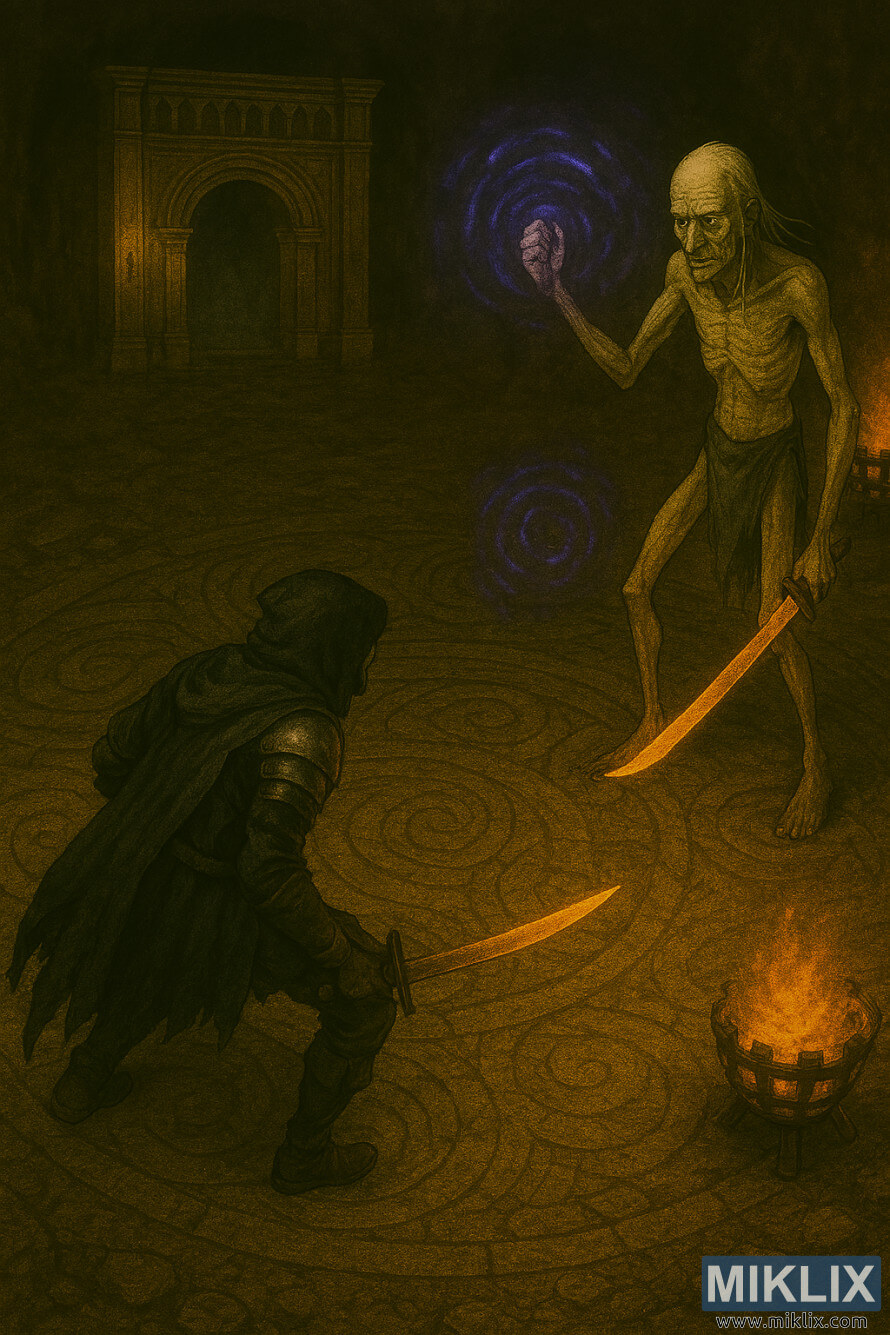 Semi-realistic isometric fantasy illustration of the Tarnished battling the towering Onyx Lord in Elden Ring Semi-realistic isometric fantasy illustration of the Tarnished battling the towering Onyx Lord in Elden Ring