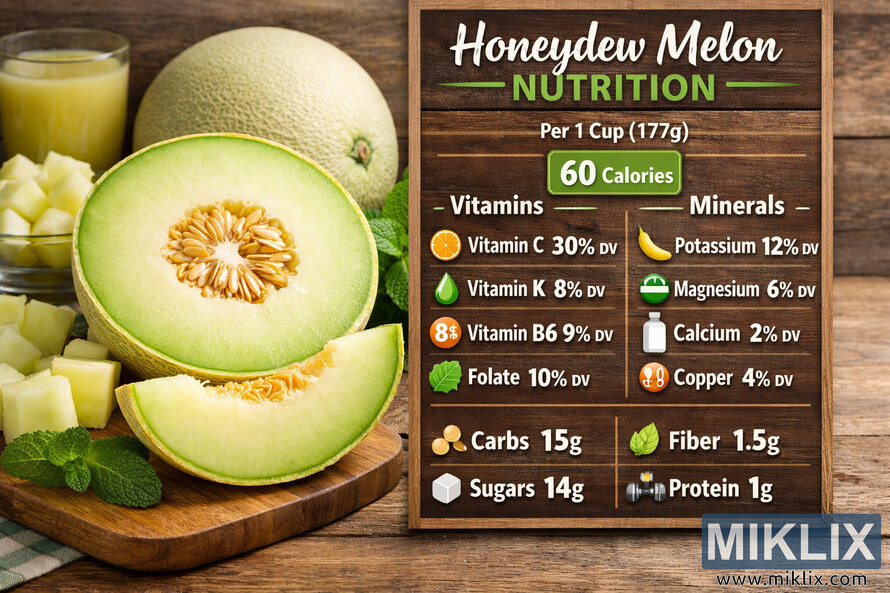 Landscape image showing a honeydew melon nutrition display. On the left, a halved honeydew melon, a wedge, and several slices are arranged on a wooden cutting board with fresh mint leaves, a whole melon, a glass bowl of cubed melon, and a blurred glass of juice in the background. On the right, an infographic titled "Honeydew Melon Nutrition" lists vitamins and minerals per 1 cup (177g), highlighting 60 calories, key vitamins like Vitamin C, Vitamin K, Vitamin B6, and Folate, and minerals such as Potassium, Magnesium, Calcium, and Copper, along with macronutrient values for carbs, fiber, sugars, and protein. Landscape image showing a honeydew melon nutrition display. On the left, a halved honeydew melon, a wedge, and several slices are arranged on a wooden cutting board with fresh mint leaves, a whole melon, a glass bowl of cubed melon, and a blurred glass of juice in the background. On the right, an infographic titled "Honeydew Melon Nutrition" lists vitamins and minerals per 1 cup (177g), highlighting 60 calories, key vitamins like Vitamin C, Vitamin K, Vitamin B6, and Folate, and minerals such as Potassium, Magnesium, Calcium, and Copper, along with macronutrient values for carbs, fiber, sugars, and protein.