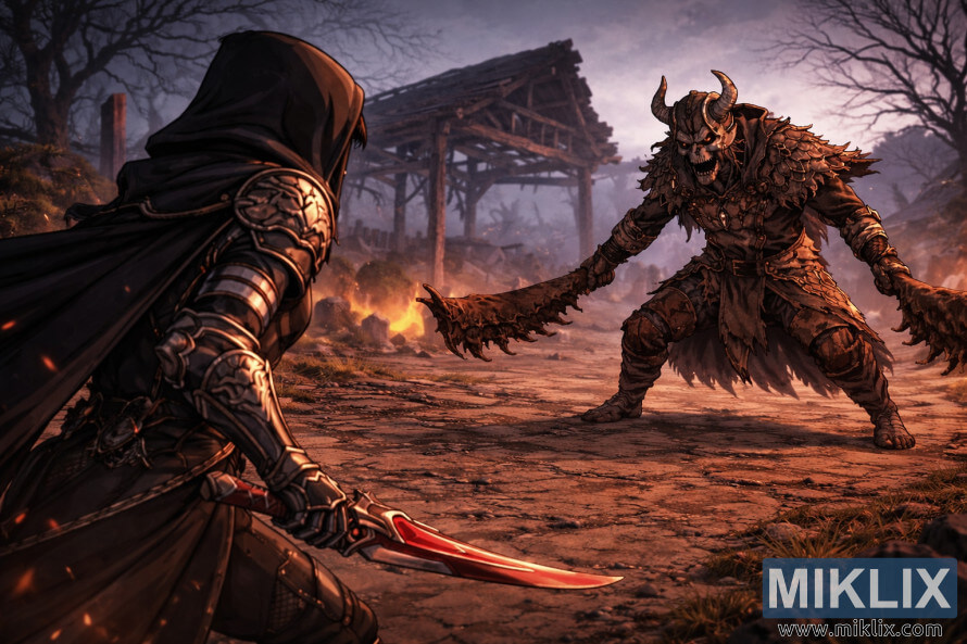 Arte de fÃ£ em estilo anime mostrando o Maculado de costas, Ã  esquerda, encarando o Matador de PressÃ¡gios na Vila dos AlbinaÃºricos, pouco antes da batalha.