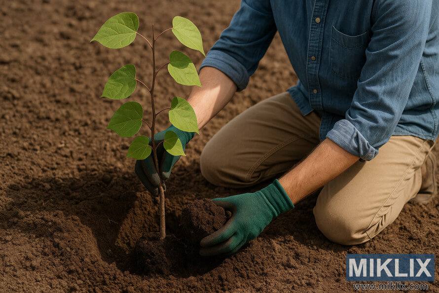 Une personne portant des gants plante un jeune arbre de redbud dans un sol brun meuble sous une lumiÃ¨re douce du jour.