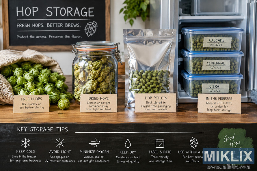 Landscape infographic showing proper hop storage methods, including fresh hops, dried hops in an airtight glass jar, vacuum-sealed hop pellets, and labeled containers of pellets stored in a freezer, with tips to keep hops cold, dark, dry, and protected from oxygen. Landscape infographic showing proper hop storage methods, including fresh hops, dried hops in an airtight glass jar, vacuum-sealed hop pellets, and labeled containers of pellets stored in a freezer, with tips to keep hops cold, dark, dry, and protected from oxygen.