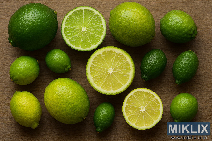 Assorted lime fruits showing size and color variations on a wooden surface