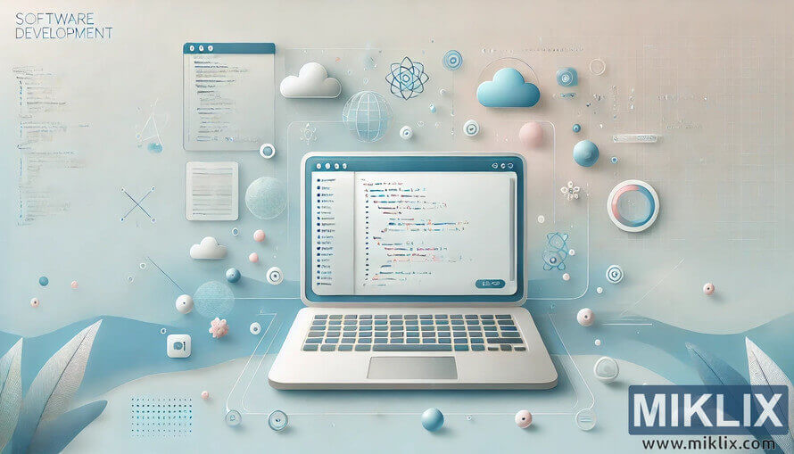 Abstract illustration of a laptop with code, clouds, and tech icons symbolizing software development. Abstract illustration of a laptop with code, clouds, and tech icons symbolizing software development.