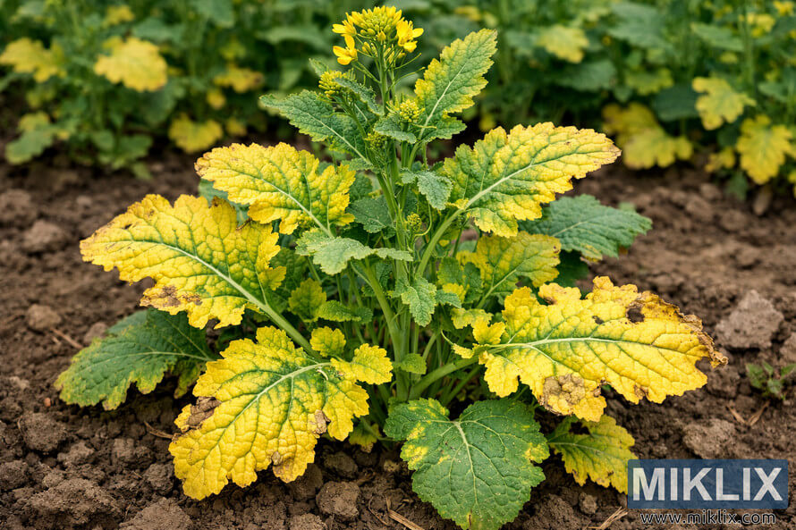 Landscape photo of a mustard plant with yellowing lower leaves and green veins, showing nitrogen deficiency symptoms in a dry field.