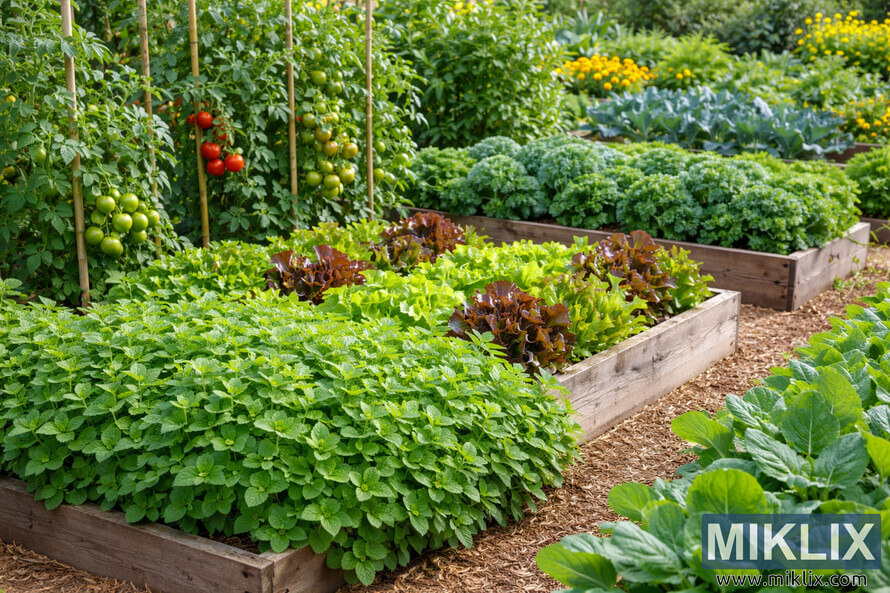 Organized raised-bed vegetable garden with lush mint growing alongside lettuce, tomatoes, cabbage, and marigolds as companion plants.