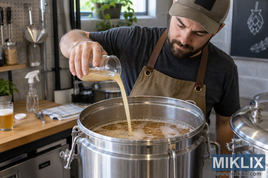 Homebrewer in an apron pours cloudy liquid yeast from an unbranded glass container into a large stainless-steel fermenter filled with foamy golden wort in a clean home brewing workshop.