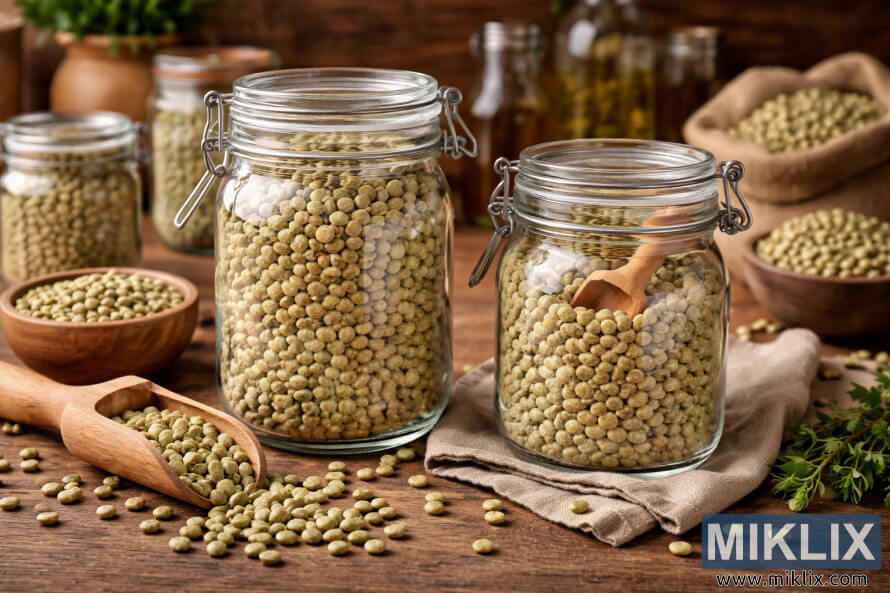 Glass jars filled with dried peas on a wooden surface, arranged for long-term food storage with rustic kitchen elements. Glass jars filled with dried peas on a wooden surface, arranged for long-term food storage with rustic kitchen elements.