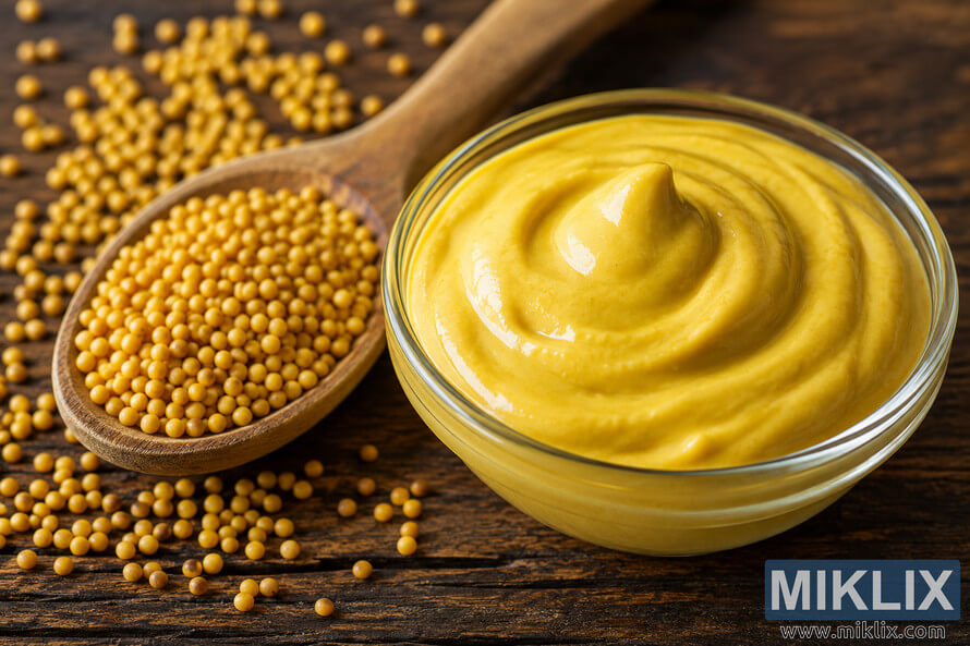 Close-up landscape image of creamy prepared yellow mustard in a clear glass bowl beside a wooden spoon filled with yellow mustard seeds scattered across a dark rustic wooden table. Close-up landscape image of creamy prepared yellow mustard in a clear glass bowl beside a wooden spoon filled with yellow mustard seeds scattered across a dark rustic wooden table.