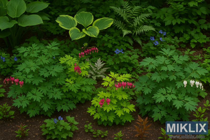 Un jardin luxuriant Ã  lâombre mettant en vedette des Bleeding Hearts roses, blancs et roses, entourÃ©s dâhostas, de fougÃ¨res et de fleurs compagnonnes bleues baignÃ©es dâune lumiÃ¨re naturelle douce.