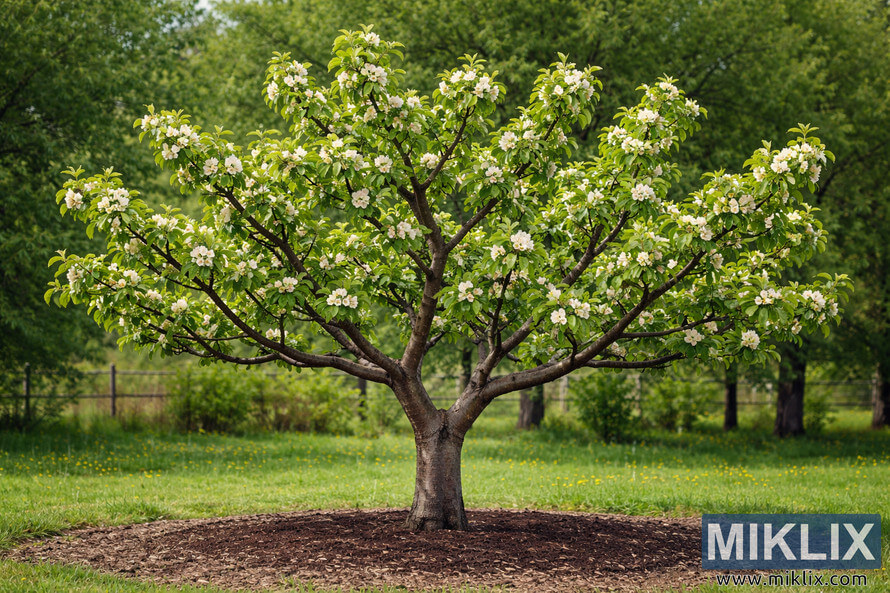 High-resolution landscape photo of a well-pruned quince tree with an open-center canopy, balanced scaffold branches, white blossoms, and a circular mulch bed in a sunlit orchard.