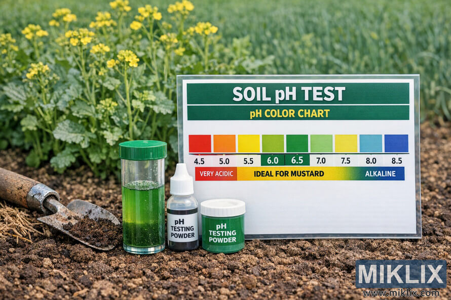 Soil pH testing kit on garden soil beside a pH color chart highlighting the ideal range for mustard, with mustard plants in the background.