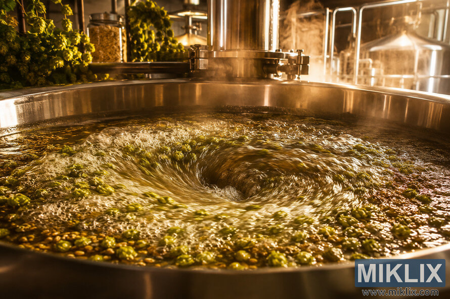 A warm, inviting brewery scene showing a dramatic whirlpool of bubbling wort infused with vibrant green brambling hops inside a large stainless-steel brewing kettle, with rising steam and softly blurred brewing equipment in the background. A warm, inviting brewery scene showing a dramatic whirlpool of bubbling wort infused with vibrant green brambling hops inside a large stainless-steel brewing kettle, with rising steam and softly blurred brewing equipment in the background.