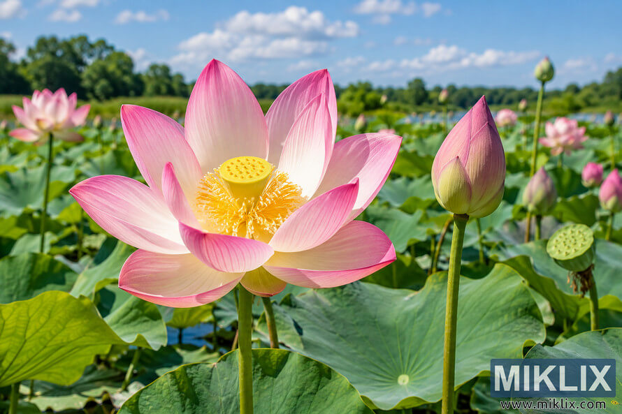Large pink lotus flower and unopened bud rising above broad green leaves in a sunlit summer pond beneath a blue, cloud-filled sky.