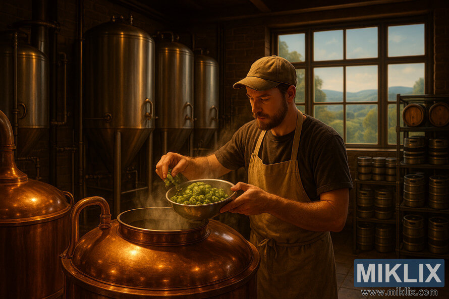 BruggstjÃ³ri bÃ¦tir ferskum grÃ¦num humlum Ã­ gufandi koparketil Ã­ hlÃ½ju ljÃ³si