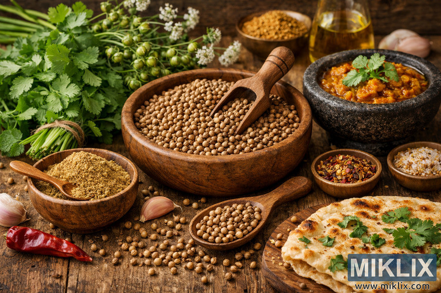 A detailed still life of coriander seeds, fresh cilantro, and various culinary ingredients arranged on a rustic wooden table, showcasing the Coriandrum sativum plant and its uses. A detailed still life of coriander seeds, fresh cilantro, and various culinary ingredients arranged on a rustic wooden table, showcasing the Coriandrum sativum plant and its uses.