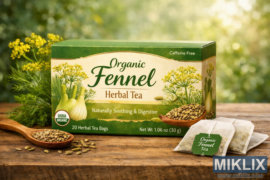 A box of organic fennel herbal tea sits on a rustic wooden table surrounded by fennel seeds, tea bags, and fresh fennel sprigs with yellow flowers, against a softly blurred garden background. A box of organic fennel herbal tea sits on a rustic wooden table surrounded by fennel seeds, tea bags, and fresh fennel sprigs with yellow flowers, against a softly blurred garden background.