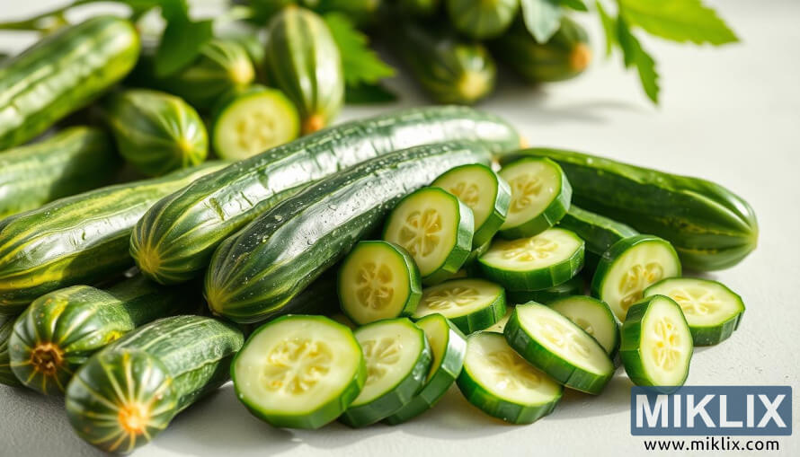 Friss egÃ©sz Ã©s szeletelt uborkÃ¡k csillognak termÃ©szetes fÃ©nyben egy letisztult, minimalista csendÃ©letben.