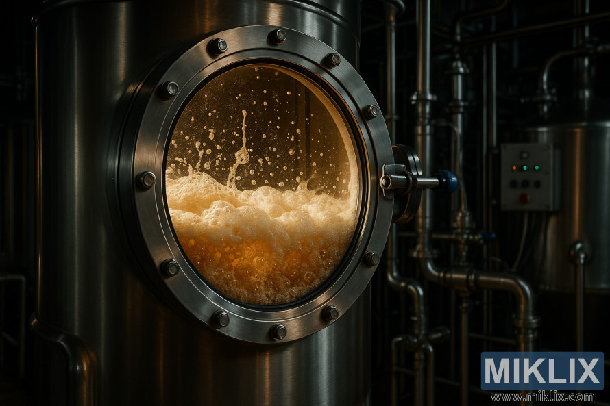 Tankin fermentation tare da bubbuÉin giya mai aiki, yana nuna kumfa ta taga gilashi.