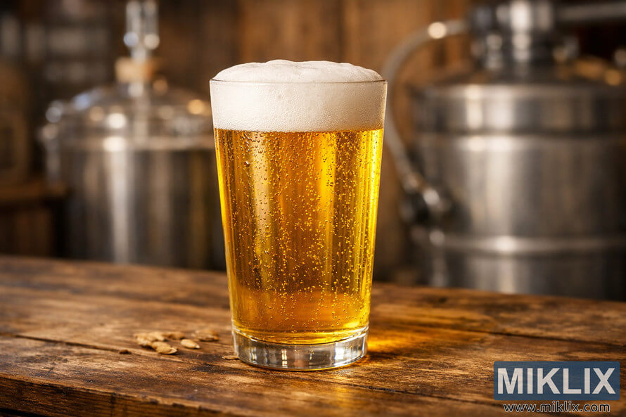 Close-up of a clear pale golden KÃ¶lsch-style beer with a frothy white head on a rustic wooden table, with blurred brewing equipment in the background.