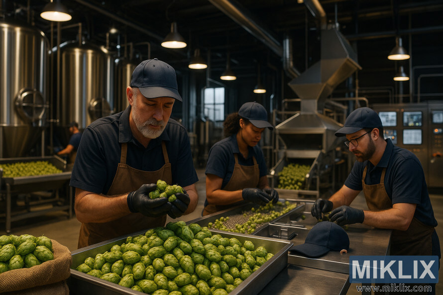 Panimomestarit tarkastavat tuoretta Columbian humalia modernissa, huipputeknologisessa panimossa.
