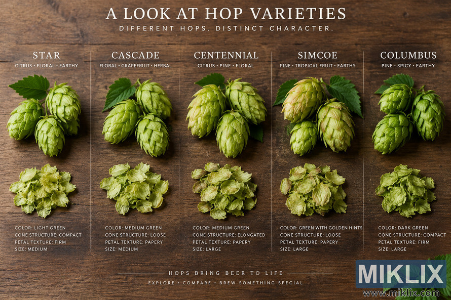 Landscape infographic comparing Star, Cascade, Centennial, Simcoe, and Columbus hops on a wooden background, showing fresh cones, loose hop bracts, color, cone structure, texture, size, and aroma descriptors. Landscape infographic comparing Star, Cascade, Centennial, Simcoe, and Columbus hops on a wooden background, showing fresh cones, loose hop bracts, color, cone structure, texture, size, and aroma descriptors.