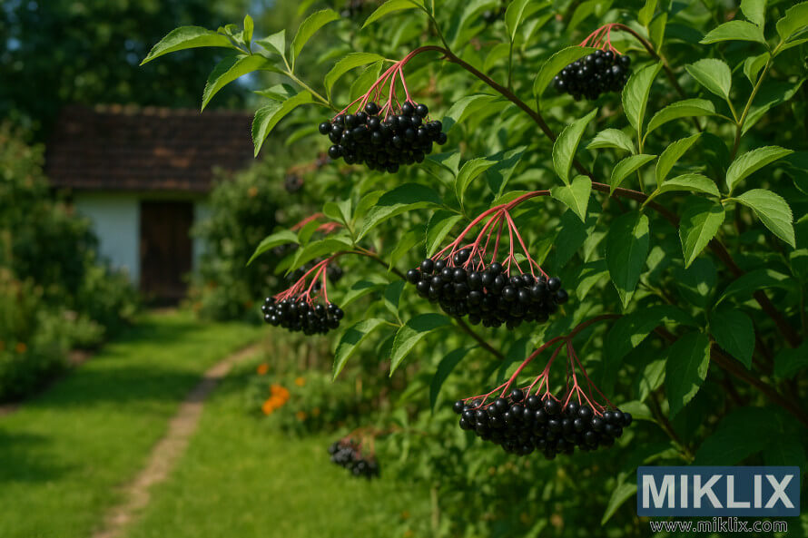 Kluster elderberries hideung asak dina batang beureum tumuwuh dina rungkun elderberry Ãropa hÃ©jo subur di taman tradisional sunlit kalawan pondok leutik di tukang.