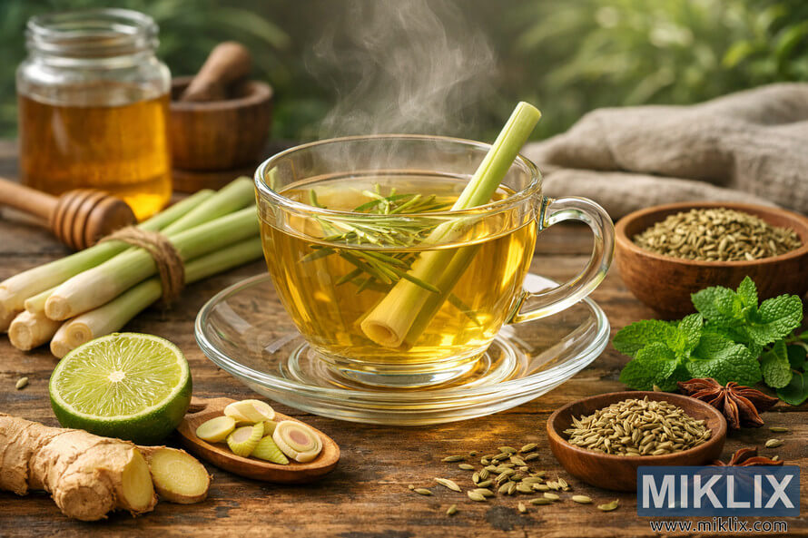 Glass cup of steaming lemongrass tea on a rustic wooden table, surrounded by fresh lemongrass stalks, sliced lime, ginger root, fennel seeds, mint leaves, star anise, a jar of honey, and a mortar and pestle, all arranged to evoke a natural digestive wellness concept. Glass cup of steaming lemongrass tea on a rustic wooden table, surrounded by fresh lemongrass stalks, sliced lime, ginger root, fennel seeds, mint leaves, star anise, a jar of honey, and a mortar and pestle, all arranged to evoke a natural digestive wellness concept.