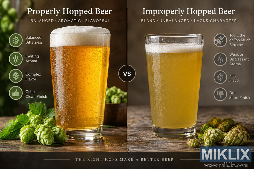 Side-by-side comparison of two unbranded beers: a clear golden properly hopped beer with a full foam head, fresh green hops, and labels for balanced bitterness, inviting aroma, complex flavor, and a crisp finish; and a paler improperly hopped beer with less foam, dull hops, and labels describing unbalanced bitterness, weak aroma, flat flavor, and a dull finish. Side-by-side comparison of two unbranded beers: a clear golden properly hopped beer with a full foam head, fresh green hops, and labels for balanced bitterness, inviting aroma, complex flavor, and a crisp finish; and a paler improperly hopped beer with less foam, dull hops, and labels describing unbalanced bitterness, weak aroma, flat flavor, and a dull finish.